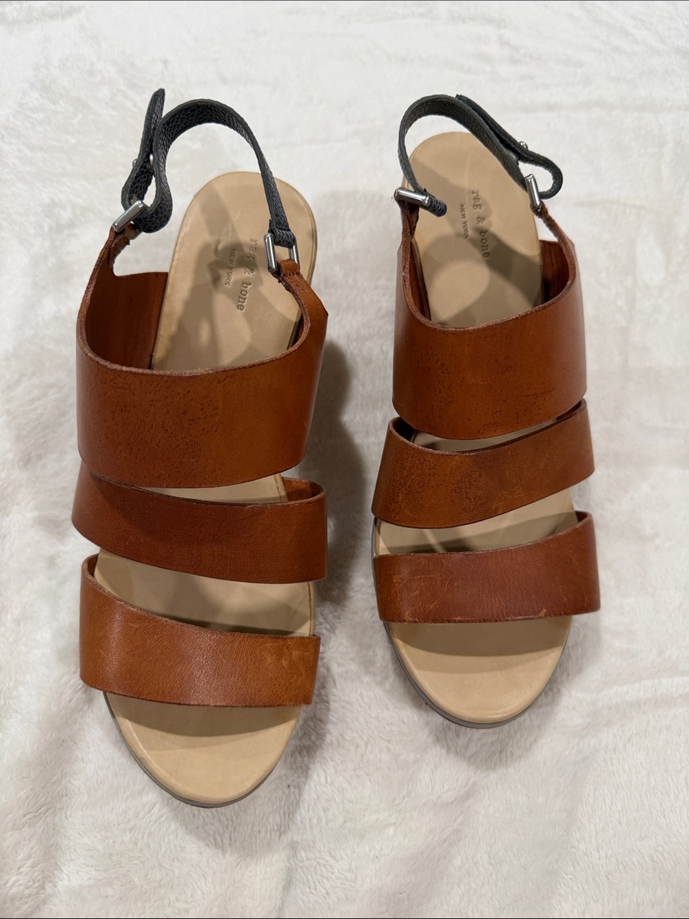 rag & bone Cognac Triple-Strap Cork Block Heel Wedges